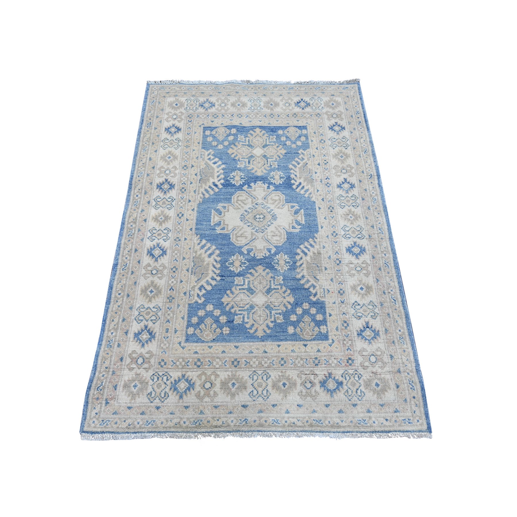 3'3"x4'10" Marlin Blue, Vintage Look Kazak with Geometric Floral Elements, 100% Wool, Hand Knotted, Natural Dyes, Oriental Rug 